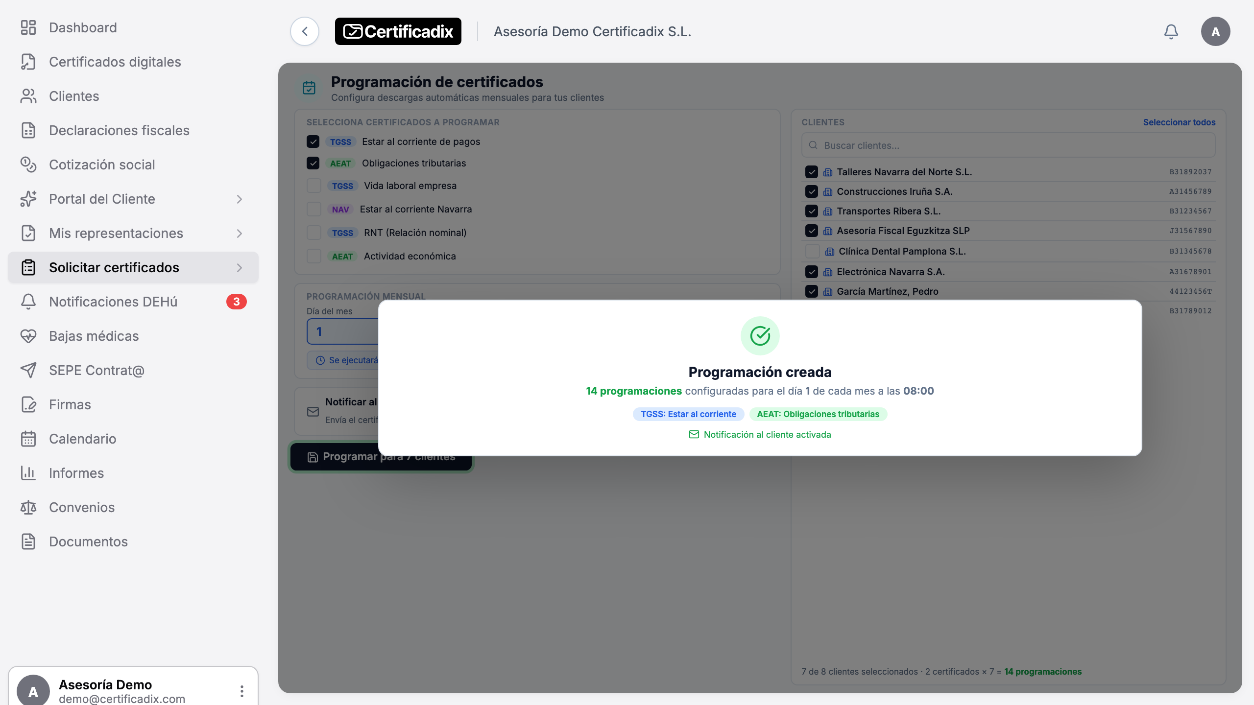Solicitud programada de certificados para todos los clientes en cartera